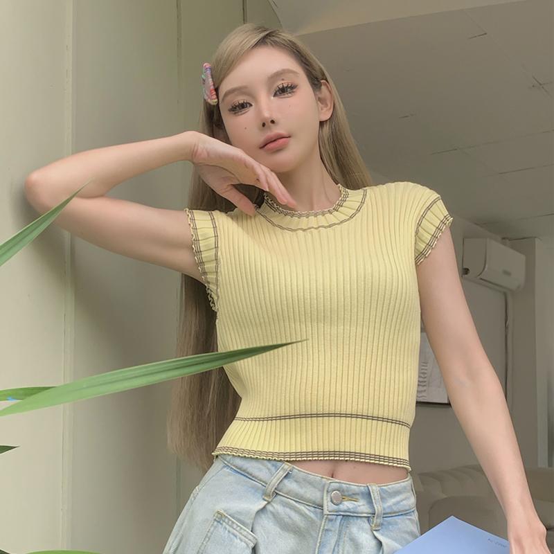 

Тонкая вязаная футболка, летние вязаные женские топы без рукавов с круглым вырезом, тонкие однотонные базовые топы ярких цветов