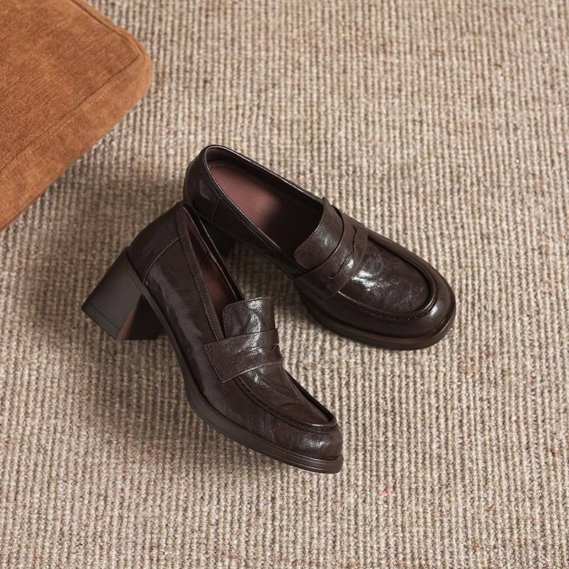 Krazing Pot Sheepskin Round Toe Thick Med Heels Spring Shoes Slip On Big Size 42 Loafers Women Platform Pumps