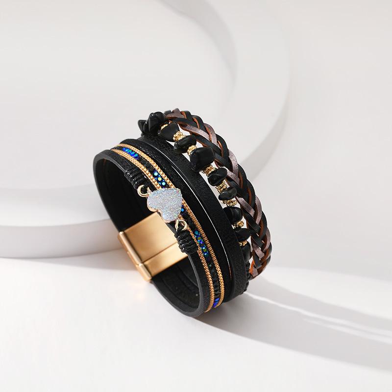 Accessori a Forma di Cuore di Pietra Pelle Intrecciata Multistrato Gioielli da Donna Bracciale Largo Regalo