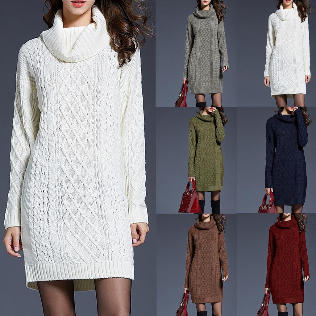 Womens Elegant Stretchy Long Sleeve Turtleneck Sweatshirt Short Dress