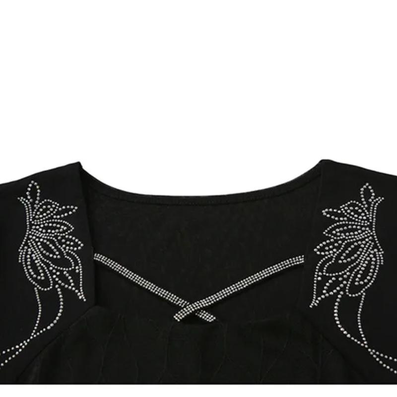 Summer Mesh Black T-shirt Chic Cross Hollow Out Hot Diamonds Tees Sexy Square Collar Short Sleeve Women's Tops Blouse