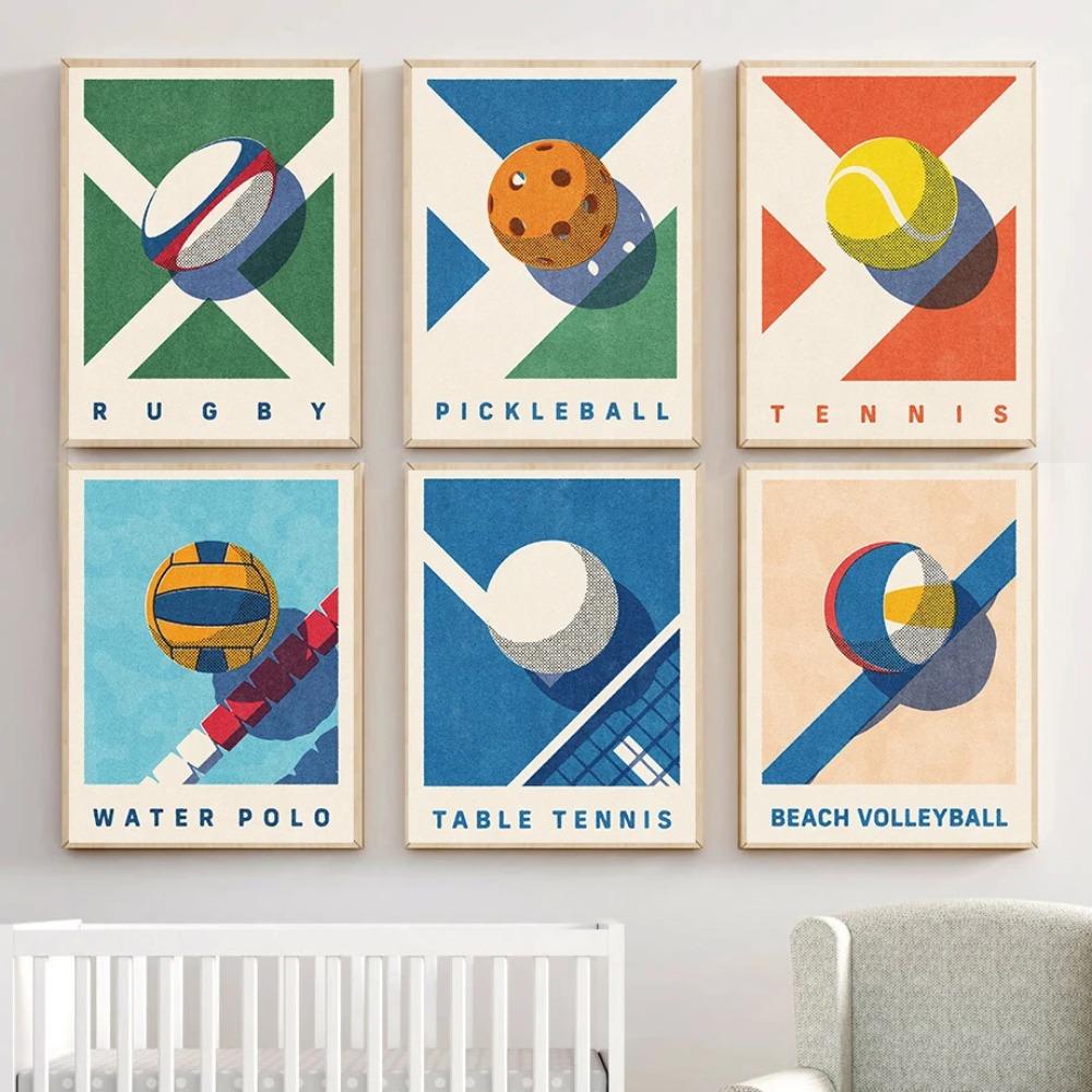 Palloni Sportivi Divertenti Giochi Estivi Poster Stampa Pallone da Rugby Pallacanestro Pittura su Tela per Cameretta Bambini Quadri da Parete Decorazione Camera da Letto Ragazzi