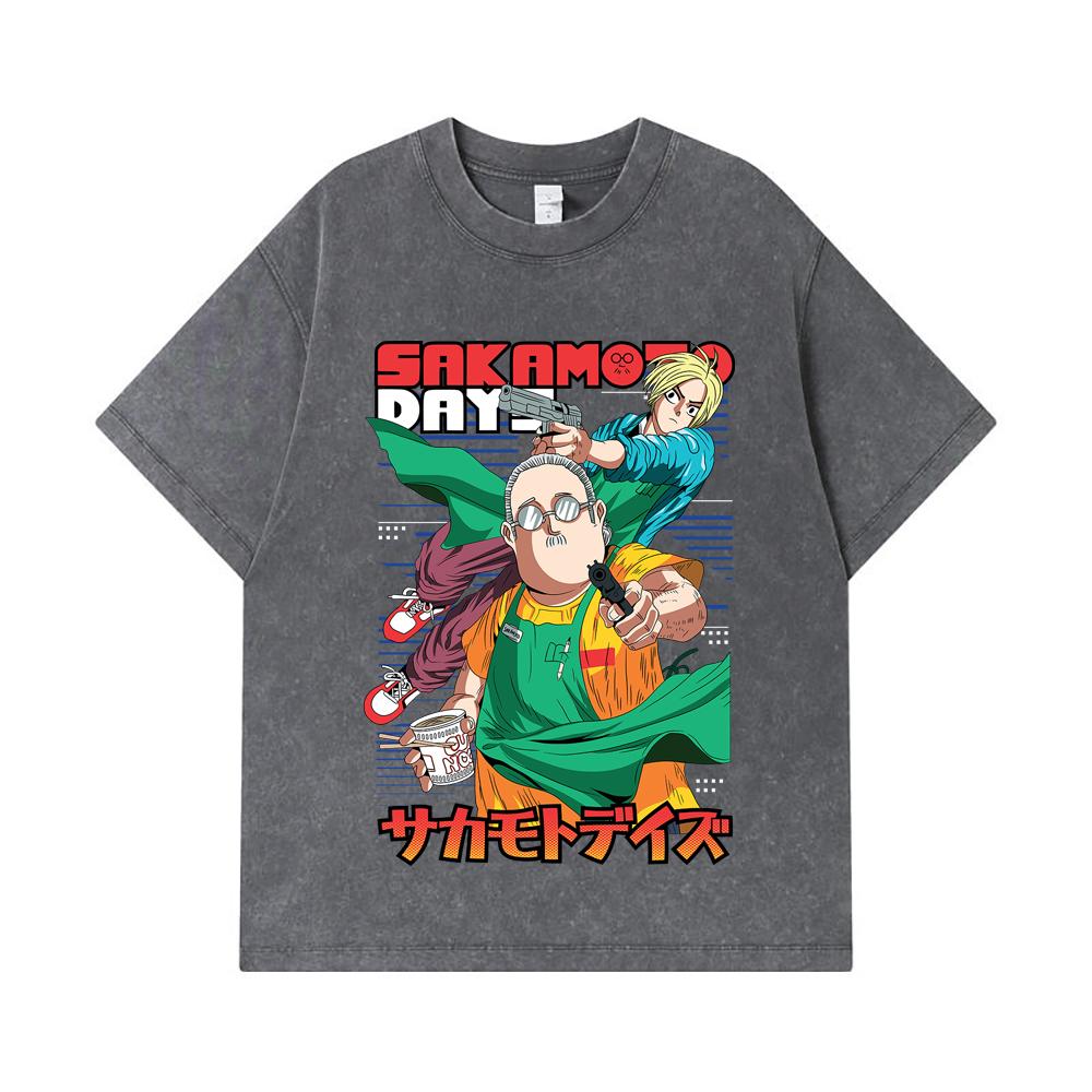 275 GSM Washed T-shirts 100% Cotton Sakamoto Days V3 Taro Shin Print Unisex Heavy Cotton T Shirt