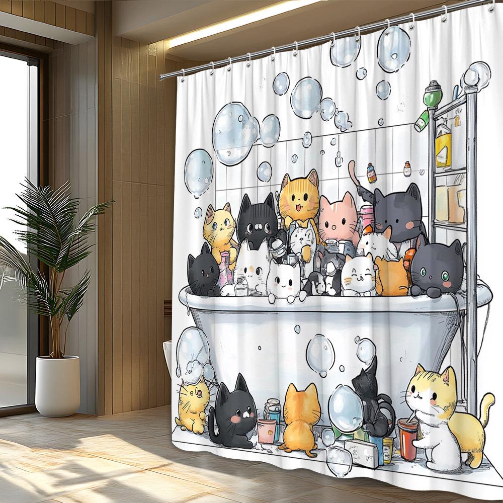 1pc Playful Cat Shower Curtain - Whimsical Polyester Bathroom Decor with Nine Adorable Cats In Bathtub Surrounded by Bubbles