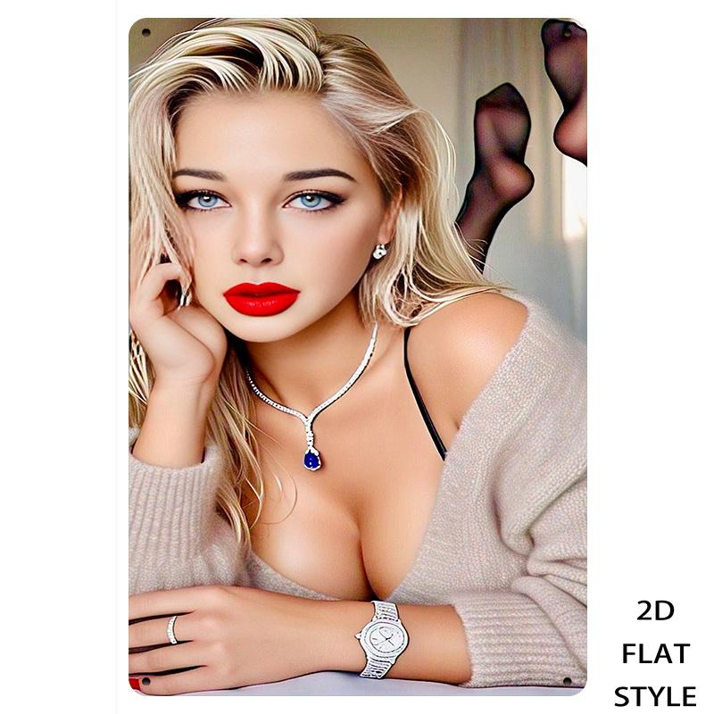 

Vintage Metal Wall Art D Flat Iron Sign Retro Woman Portrait with Jewelry Home Decor for Living Room Bedroom 20x30cm