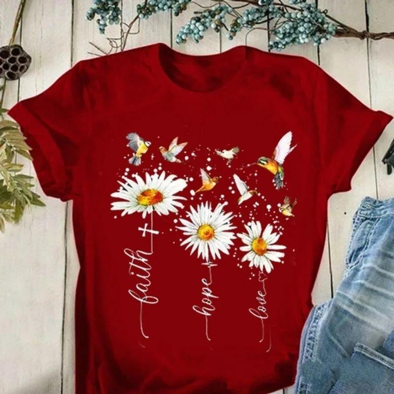 

Faith Hope Love Daisy Print T Shirt Women Short Sleeve O Neck T Shirt Summer Women T Shirt Tops Camisetas Mujer XXXL бордовый