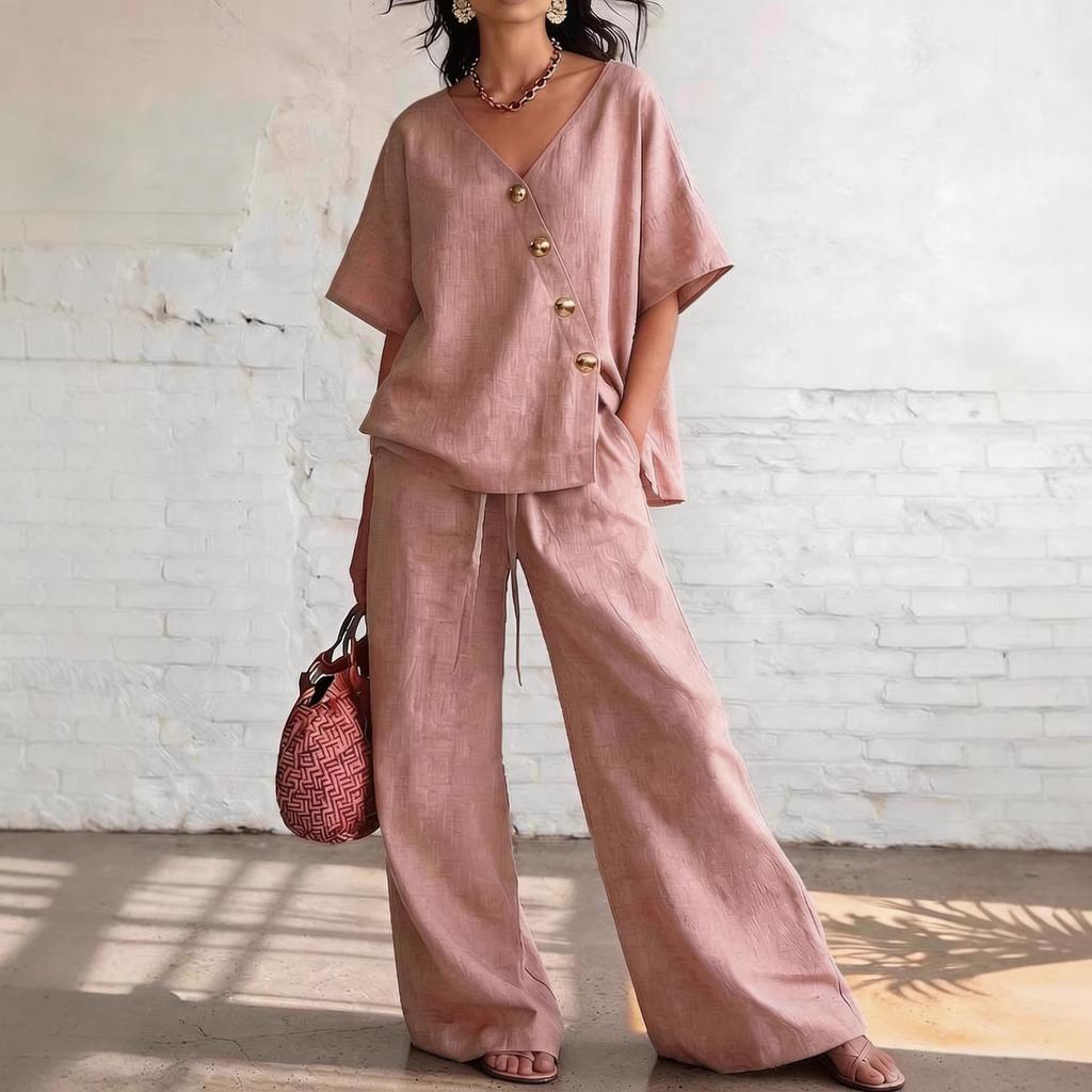 2026 spot new product European and American independent station summer leisure vacation loose cotton and linen v-neck wide-leg pants two-piece set