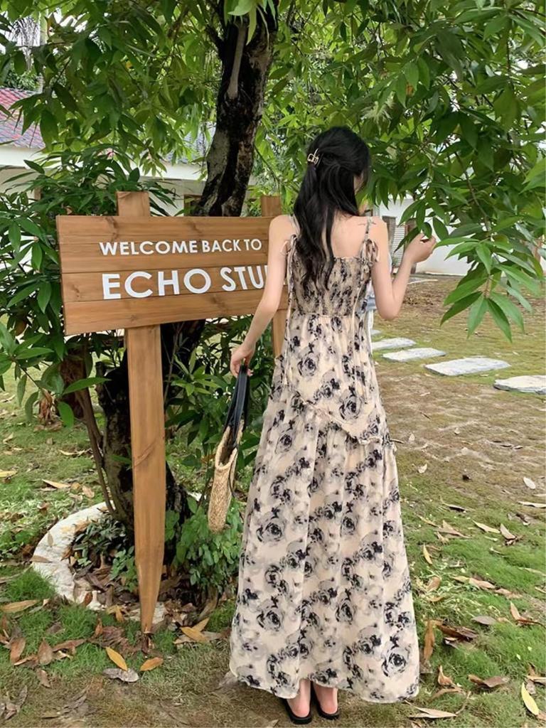 Nestkanina Floral Print Summer Maxi DRS024 Off-the-Shoulder Dress, Simple, Length, Long, Cool, High-Waisted, Flared, A-Line, Women's, (L, Black)