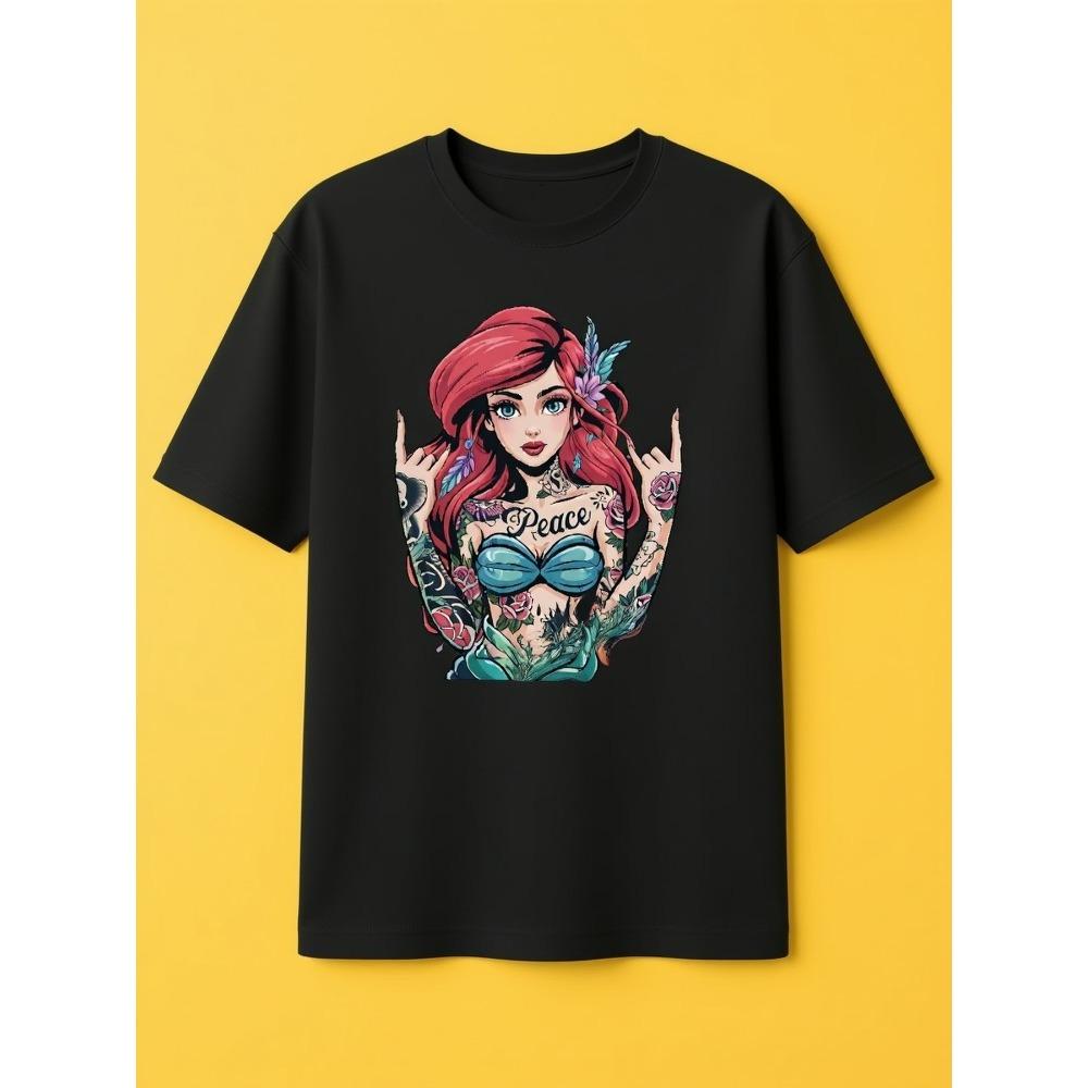 

Women Sewn Pattern TShirt Soft Crew Neck Short Sleeve Minimalist Design Featuring Mickey Mouse and Peace Sign Fun Printed TShirt S