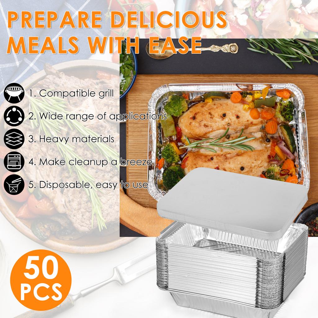 50set Aluminum Foil Pans with Lids Disposable Thickened Food Container BBQ Tray Non-Stick Packing Boxes Kitchen Baking Tool
