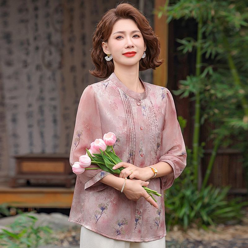 

Chinese-Style Summer Shirt for Middle-Aged and Elderly Women - Seven-Point Sleeves, National Style Top XL (105-120 jin) рожевий