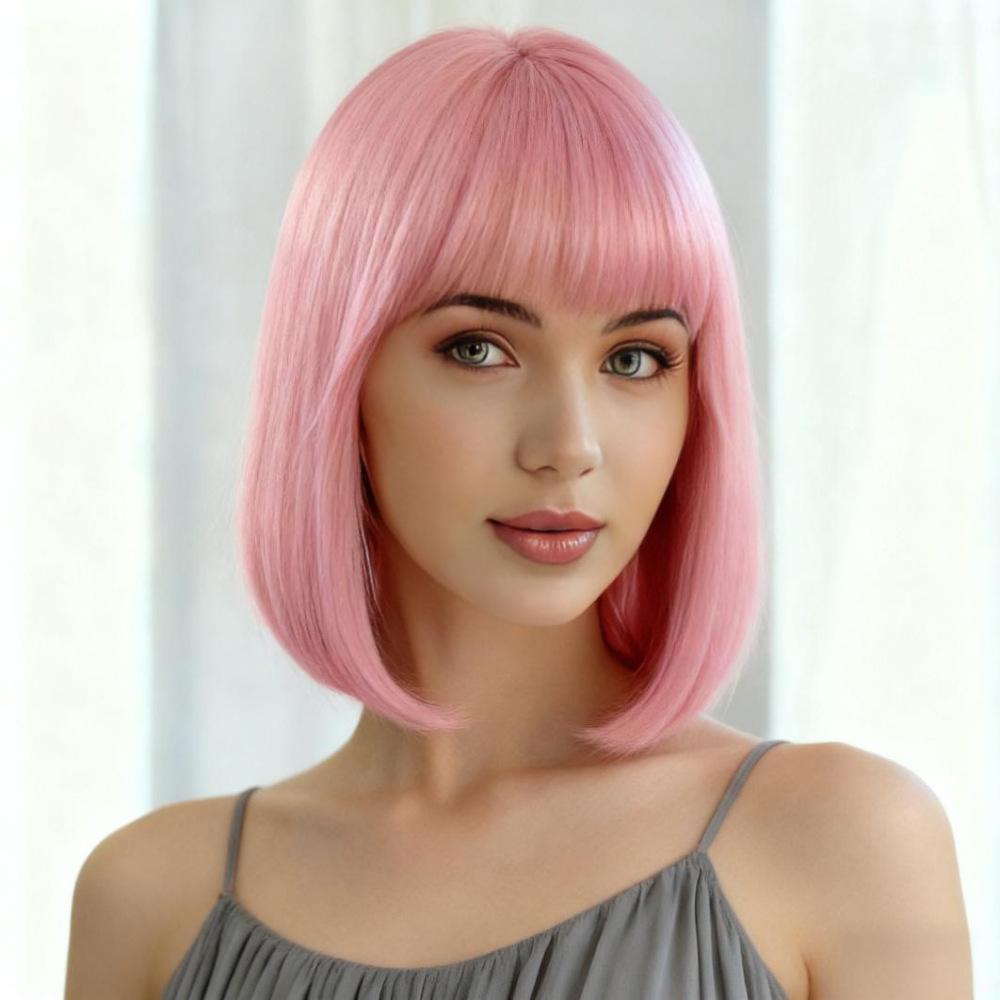 Synthetische kurze schwarzbraune blonde Perücken mit Pony für Damen, natürliche orange, pink, grau, gelbe Wellenhaare für tägliches Cosplay, Hochtemperaturfaser