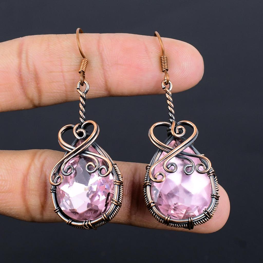 Pink Kunzite Earrings Gemstone Jewelry, 999 Copper Wire Wrapped Earrings, Handmade Jewelry Birthstone Earrings, Gift For Him