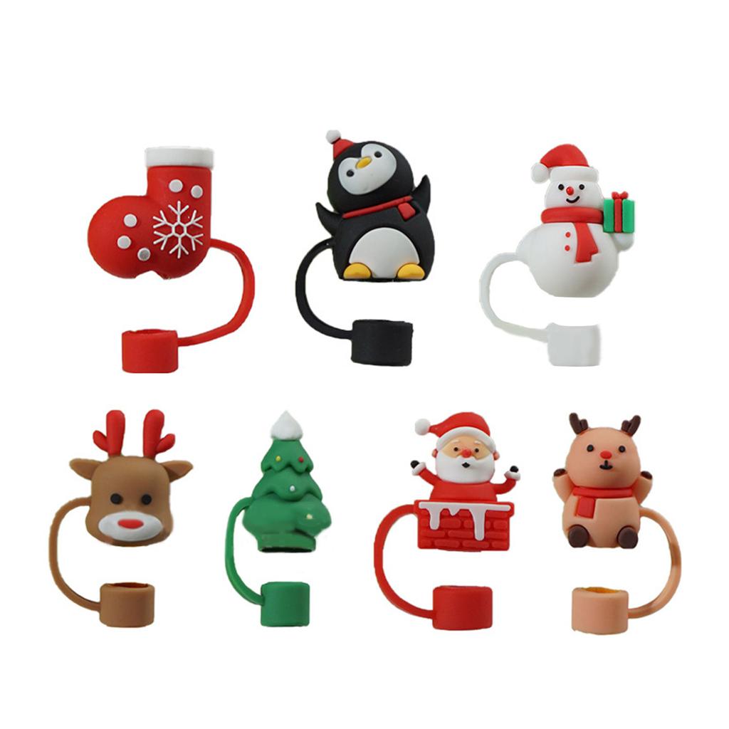 7 ks Vánoční silikonové krytky na brčka Opakovaně použitelné kreslené krytky na pitná brčka Prachotěsné Roztomilé krytky na brčka Nástavce Hroty Víčko