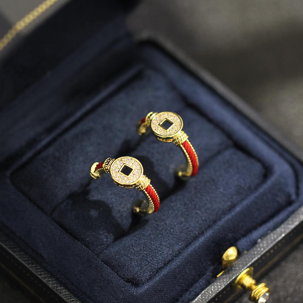 New Chinese festive atmosphere red rope copper coin earrings temperament versatile diamond set 925 silver needle stud earrings women's model
