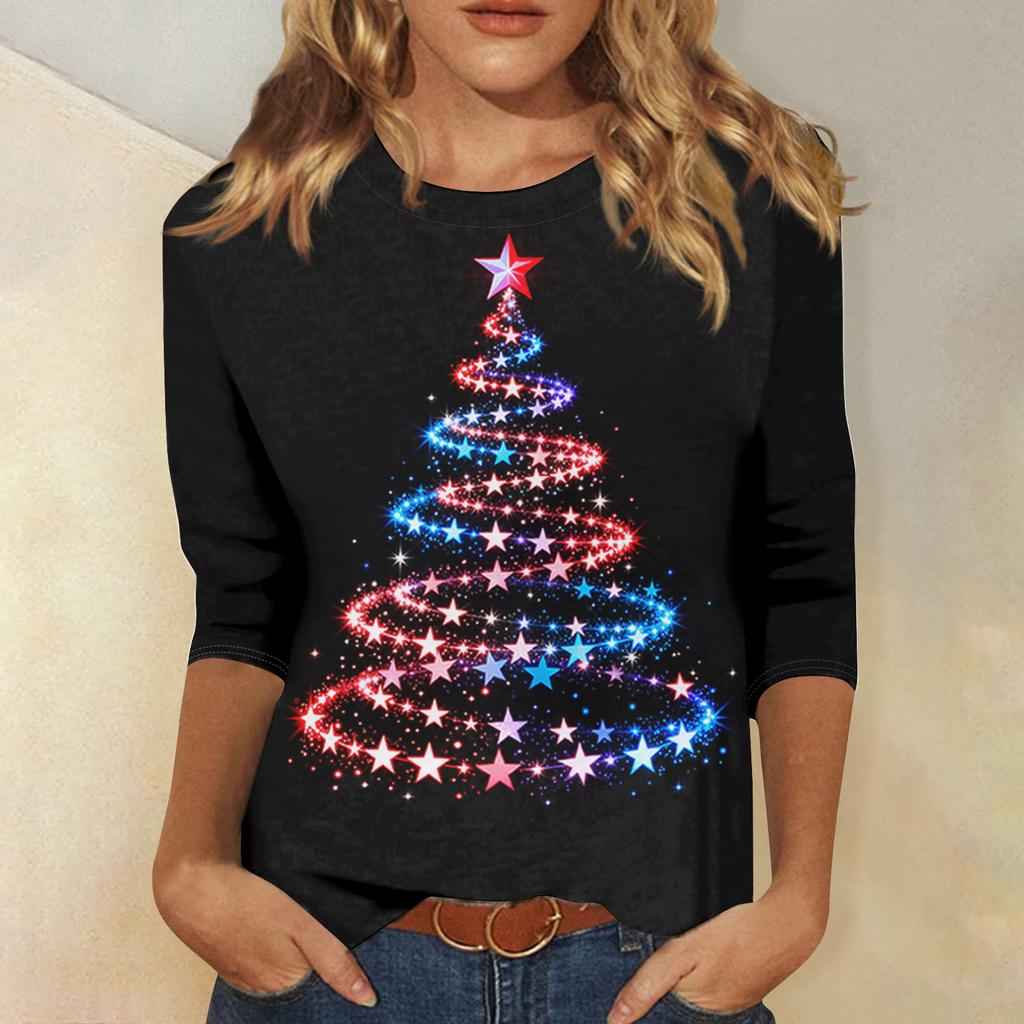 Dames Losse Comfortabele Casual Mode V-Hals Kerstprint Lange Mouw Hoodie