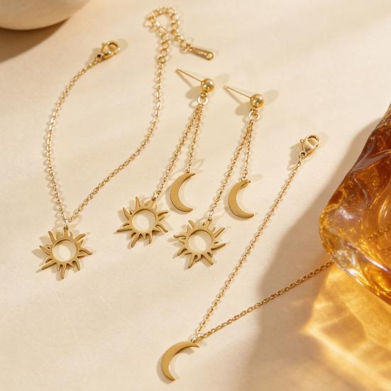 Women Adjustable Bracelet Asymmetrical Sun Moon Design Long Pendant Drop Earrings Face Slimming Jewelry