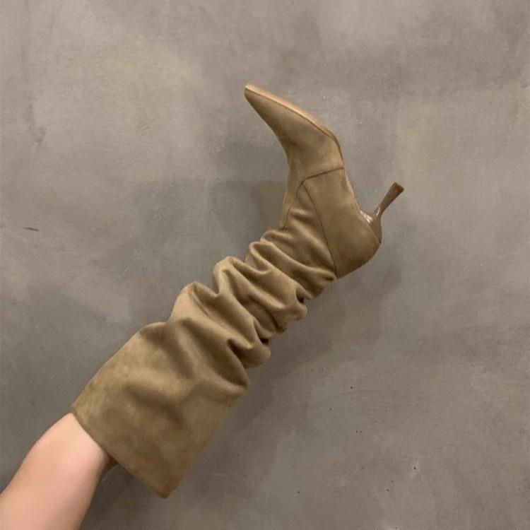 Classic Knee High Boots for Women Spring Autumn Casual Slip On Fashion Women Shoes Thin High Heels Solid Flock Motorcycle Boots