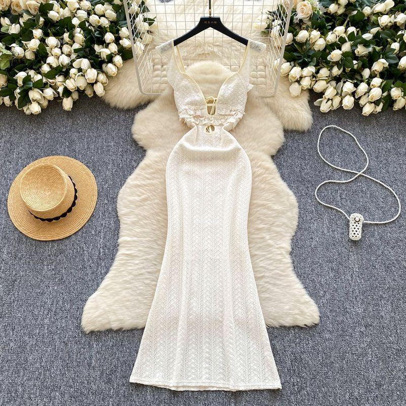 

Socialite Sexy Hollow out V-neck Chest Emphasizing Sling Waist Hugging Hollow out Lace Dress Women French style Banquet Formal Dress Long dress Apricot color L