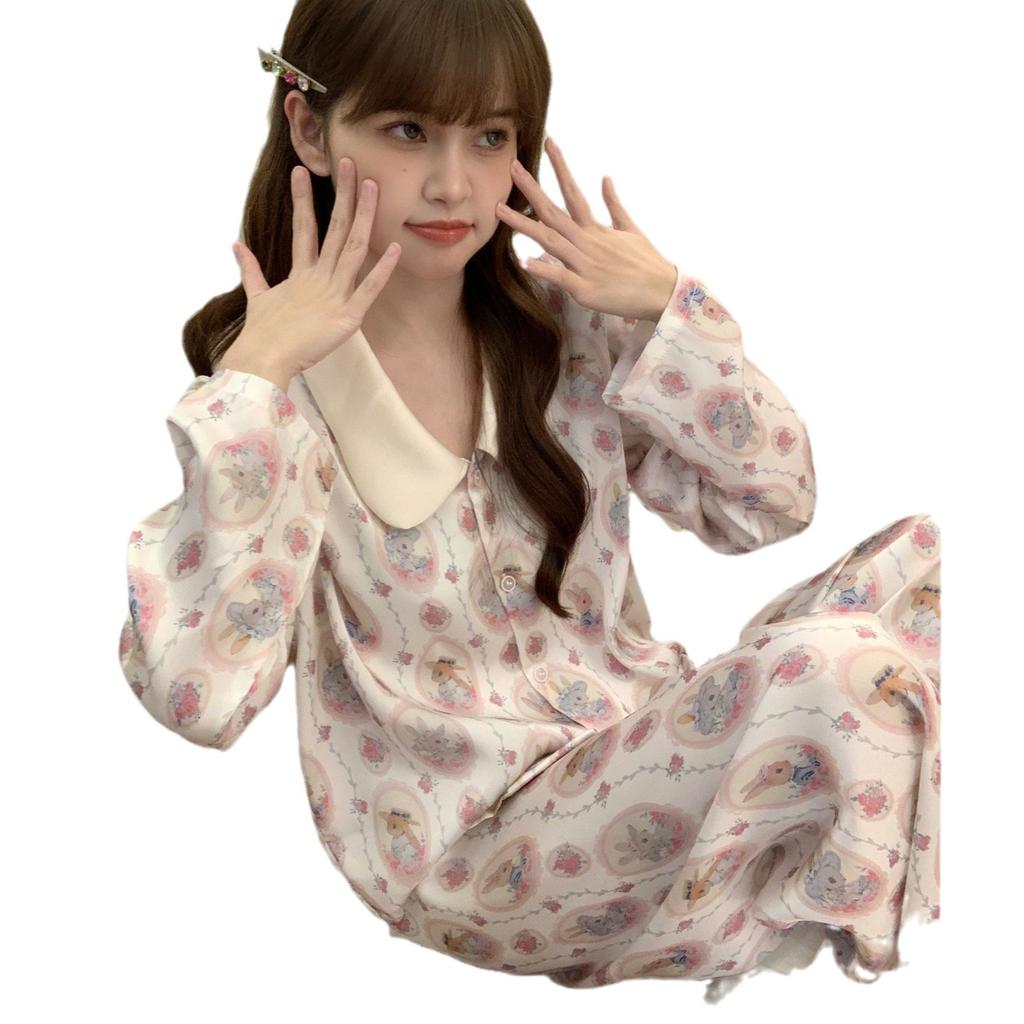 [Cute Rabbit Paradise] Ice Silk Pajamas Girl Cute Rabbit Internet Celebrity Long-sleeved Trousers Sweet Retro Loungewear Cover
