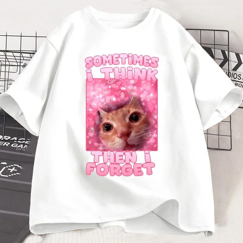 Sometimes I Think Then I Forget Funny Cat Meme Tee Shirt Women Unisex Stupid Humor Cats Tshirt Fashion Short Sleeve Tops