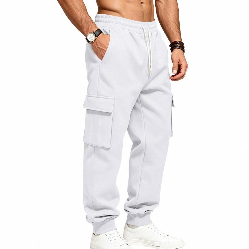 Men S Fleece Lined Cargo Sweatpants Drawstring Waist Multi Pockets Jogger Pants