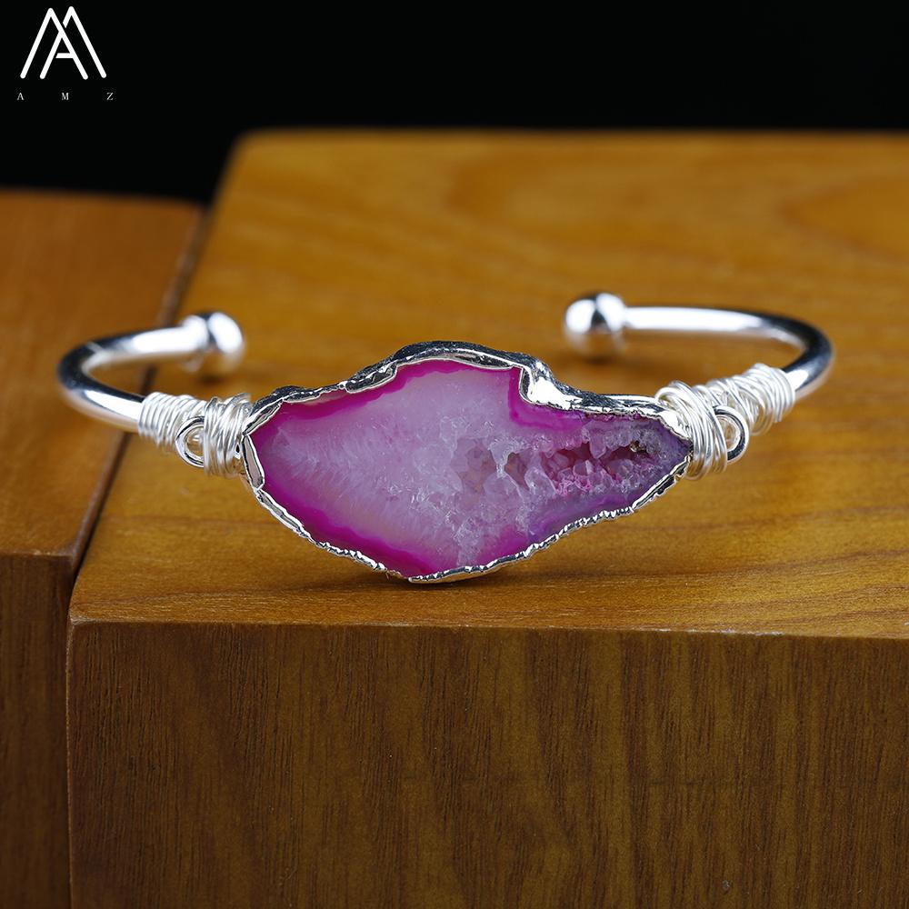 Silver Copper Wire Wrapped Agate Geode Stone Open Cuff Bracelet For Women Druzy Drusy Bracelet Handmade Jewelry Gift Dropship