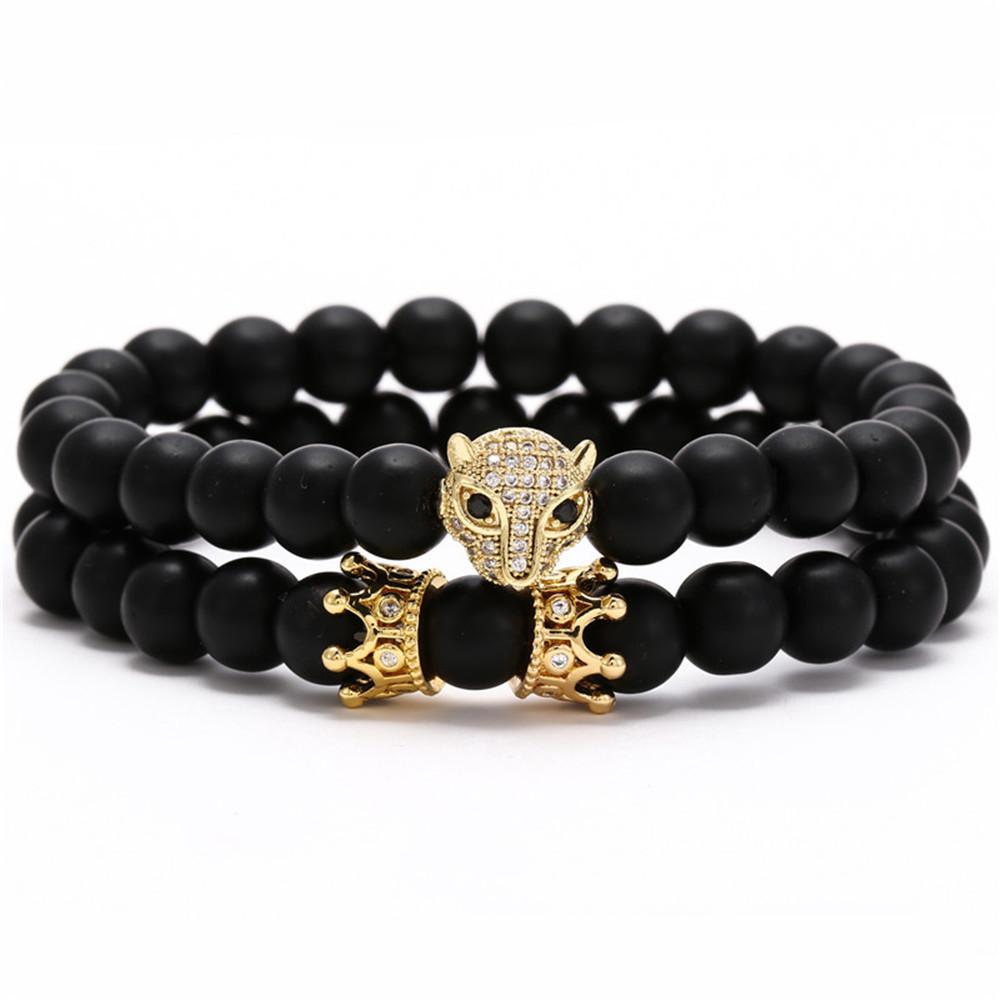 Black Matte Bracelet with Slightly Inlaid Leopard Head, Small Crown Set, Bracelet, Bracelet.