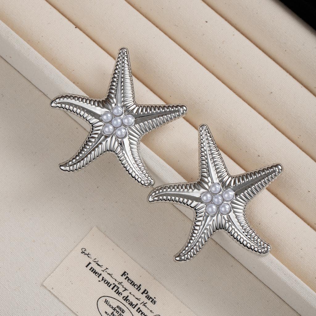 Glam Zircon Starfish Stud Earrings Exaggerated Metal Retro Design Big Piercing Earring Party Zircon Fashion Women's Accessories