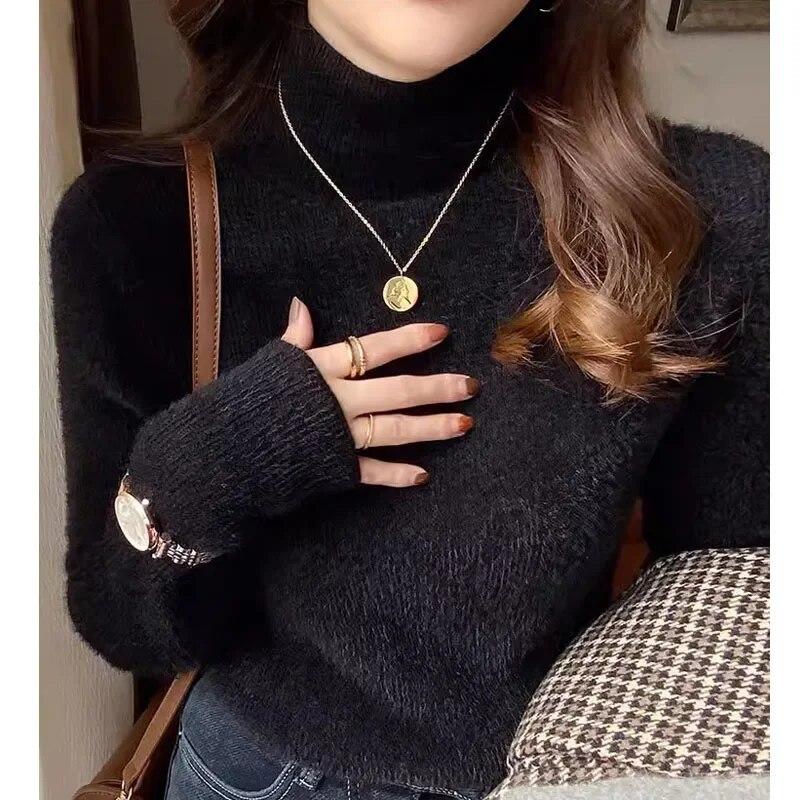 Winter Büro-dame Nerz Fleece Warme Pullover Mode Verdickt High-neck Strickwaren Beiläufige Gestrickte Langarm Pullover Frauen 29784