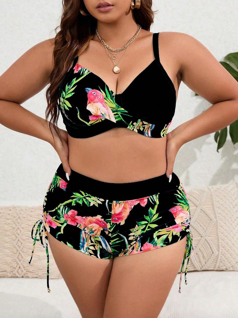Plus Size European & American Split Bikini Set - New Printed Style with Large Bust Support