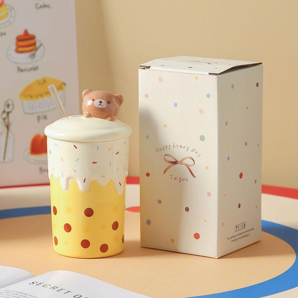 Adorable Bear Ceramic Mug with Lid and Straw - Large Capacity Cup for Home