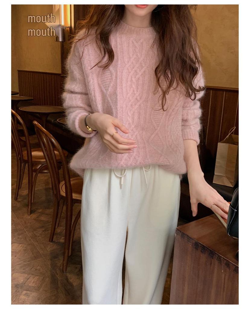 Women's Gentle Style Cashmere Round Neck Cardigan - Autumn Winter Twist Flower Knit Sweater