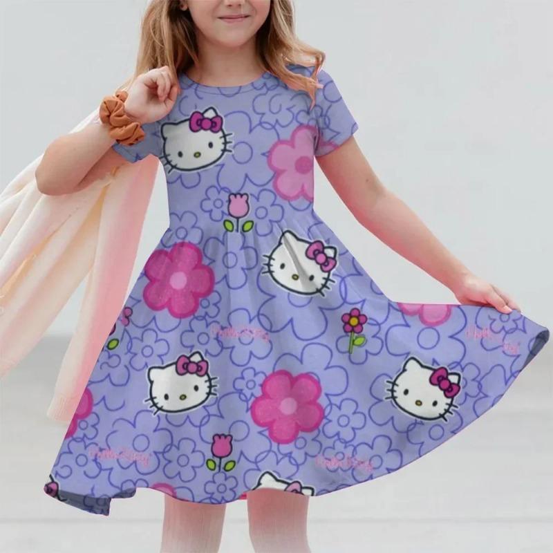 Sanrio Summer Hello Kitty Dress For Girls Women Short Sleeve Costume Princess Party Dresses Children's Dresses Toddler Clothes