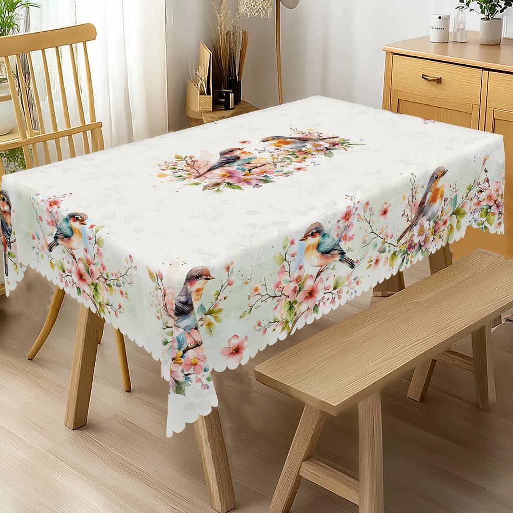 Spring Floral Bird Rectangle Tablecloth for Table Decor Summer Watercolor Flowers Kitchen Dining Table Cloth Wedding Decorations