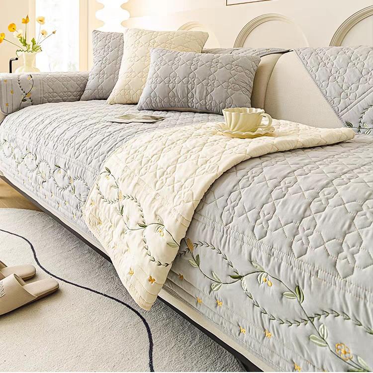 Washable Cotton Embroidered Sofa Cushion Slipcover, Modern Non-Slip Couch Cover Protector