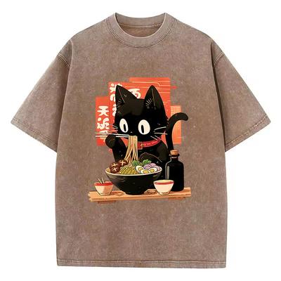 Streetwear T Shirt Vintage Washed  Cotton TShirt Black Ramen Cat Japanese Anime Style Graphic Tee Casual Spring Summer