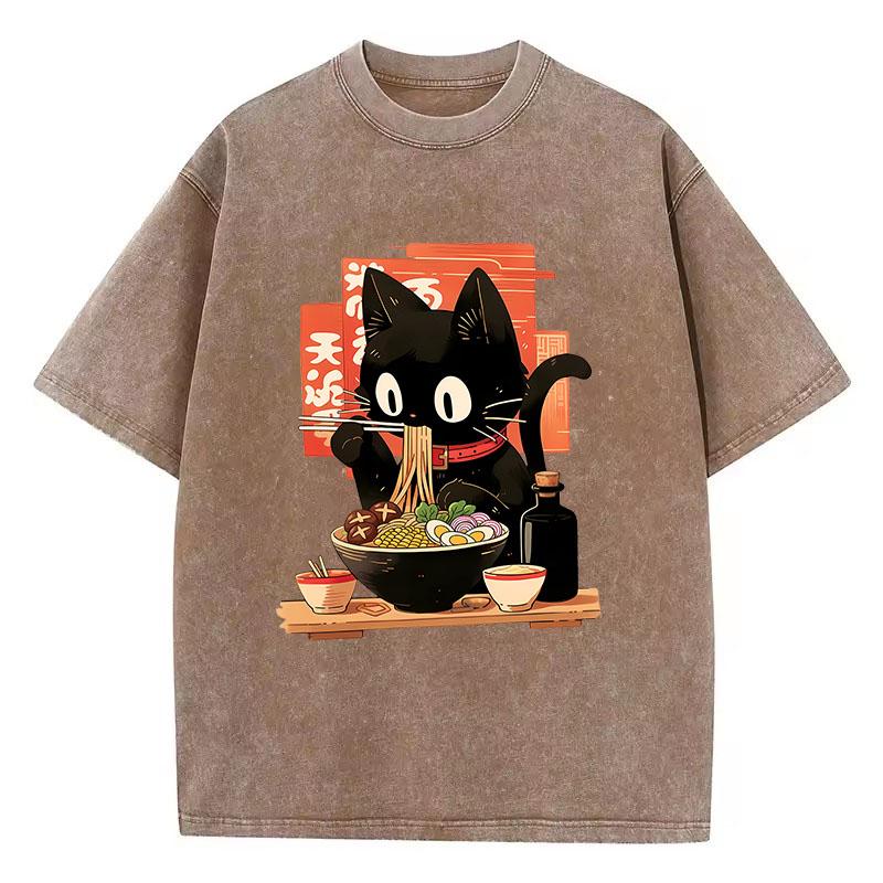 Streetwear T-Shirt Vintage Gewaschenes Baumwoll-T-Shirt Schwarz Ramen Katze Japanischer Anime-Stil Grafik-T-Shirt Lässig Frühling Sommer