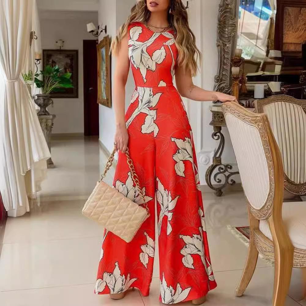 Combinaison verte à imprimé, style européen et américain, tempérament printanier, pour le travail, sans manches, à bretelles, style pantalon évasé, taille haute