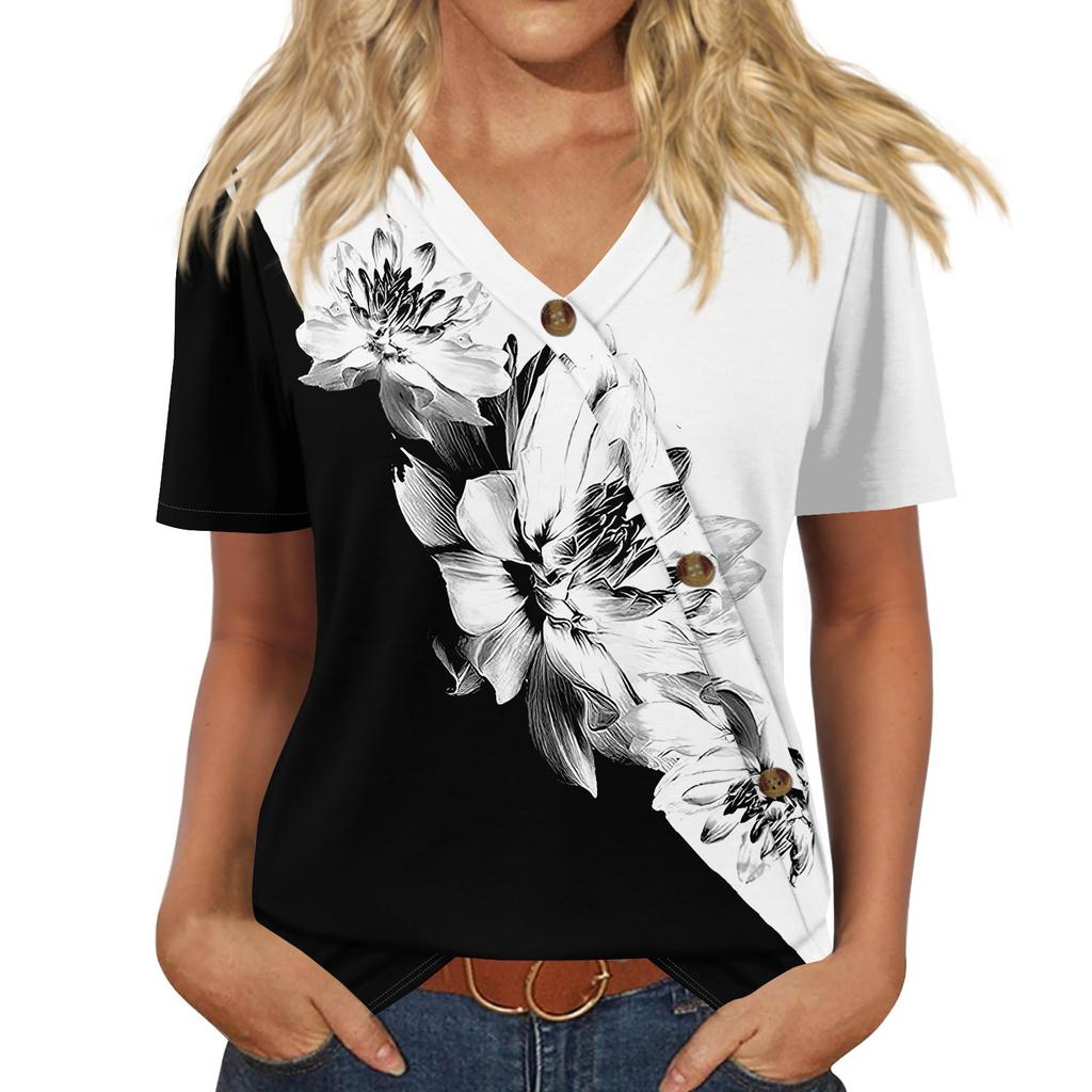 Ladies' Fashionable Casual Retro Floral Print Short-sleeved V-neck Shirt, Puff Sleeve T-shirt, Loose Casual Shirt, Summer T-shirt
