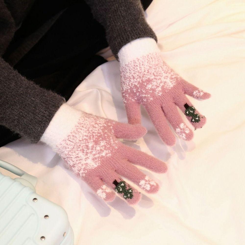 Red Winter Velvet Gloves  Women Mittens Cute Christmas Knitted Gloves  Student