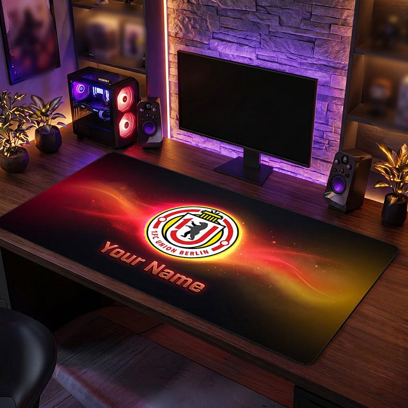 Union Berlin Custom Large Mouse Pad, Personalized Name Text Print, Football Logo Non‑Slip Desk Mat Gaming Gift
