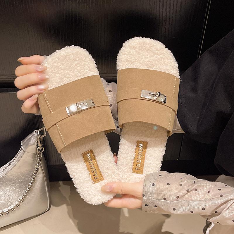 

Leisure Slippers for Women Casual Flat Low Heels Sweet Basic Shoes for Women Solid Metal decoration Fur Slip on Summer Sandals 40 хаки