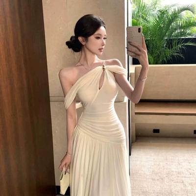 French Gentle Wind One-word Shoulder Dress Women's Summer New Temperament Waist Thin High-end Dress