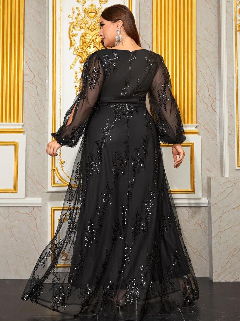 Damen Übergröße Pailletten Blumen Abendkleid mit Laternenärmeln und V-Ausschnitt