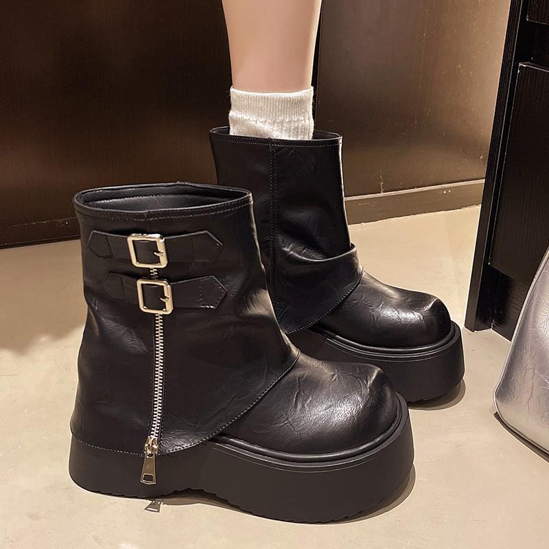Soft Leather Ankle Mid Calf Boots Winter Autumn High Platform Wedge British Booties Woman New Ladies Chunky Motorcycle Boots 9CM