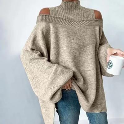 Ladies Fashion Off Shoulder Turtleneck Warm Color Long Sleeve Sweater