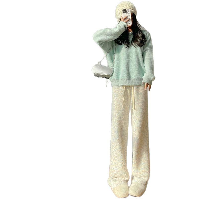 Rainbow Fleece Wide-Leg Soft Knit Pants - Women's Floor-Length Casual Narrow Leg Design