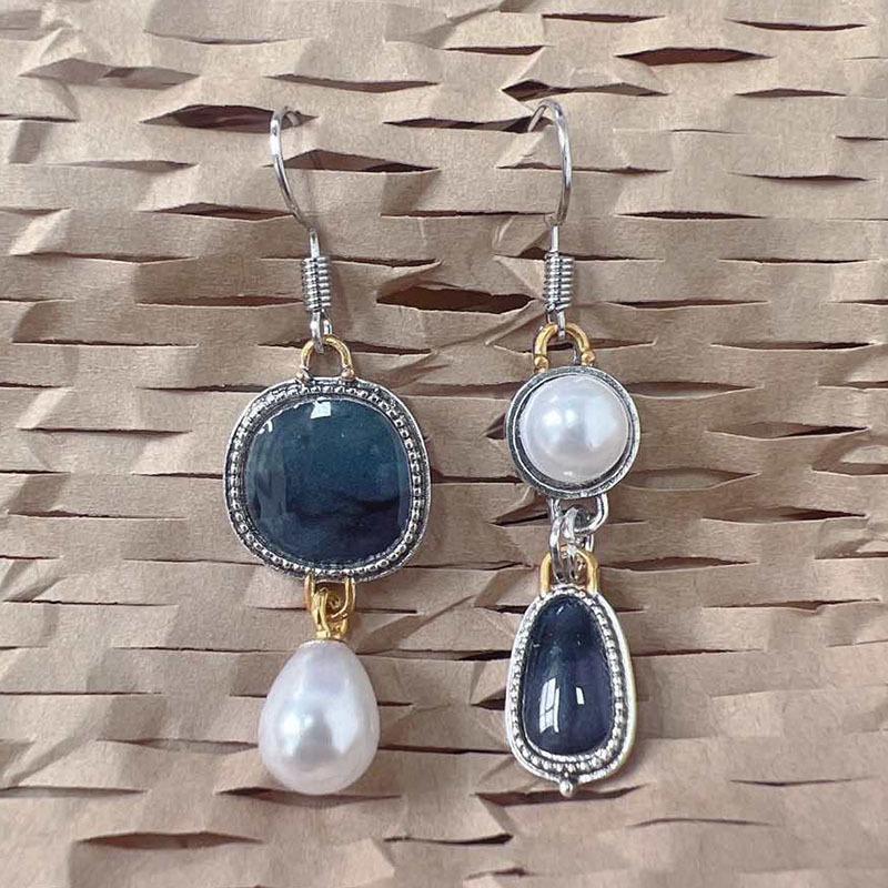 Geometric asymmetric pearl earrings, popular in Europe and America, two-color metal alloy earrings, handmade jewelry