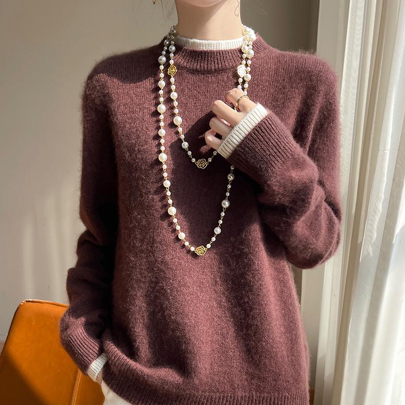 Women's 100% Pure Wool Cashmere Sweater - New Autumn/Winter Color Block Knit Base Layer